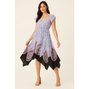 Lane Bryant NWT Boho Midi Dress Size 14 Blue Floral Mandala Handkerchief Hem